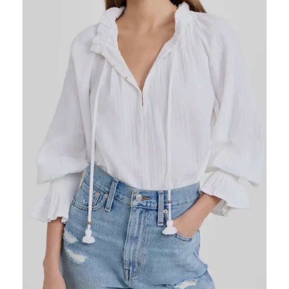 Figue Lianna Gauze Cotton Top Blouse in White Size XS Ruffle Cottagecore Shirt